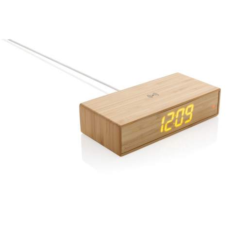 5W wireless charger alarm clock with complete bamboo exterior and 24 hour time indicator. With USB port on the backside to charge via cable. Including 150 cm PVC free TPE micro usb cable. Compatible with all QI enabled devices like Android latest generation, iPhone 8 and up Input: 5V/1.5A; Wireless Output: 5V/1A - 5W; 1 USB output port, 5V/1A.<br /><br />WirelessCharging: true