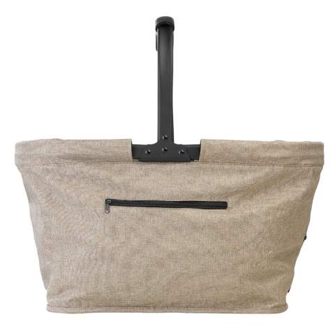 Panier pique-nique pliable, élégant et pratique. Les couleurs de sa texture associées à son armature métallique noire lui donne un aspect haut de gamme. Sa anse est recouverte d’une mousse souple pour un confort optimal. Le devant du panier est agrémenté d’une petite poche avec fermeture éclair.
