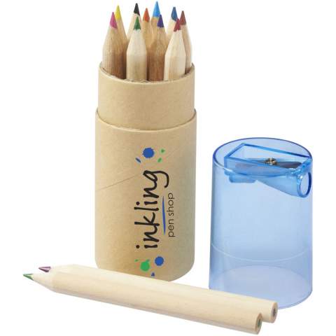 12 coloured pencils in cardboard cilinder box with sharpener in plastic lid. Decoration not available on components.