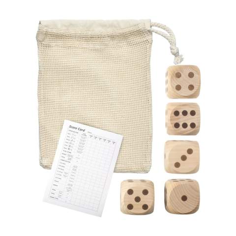 WoW! Make the right combinations with these five dice in an extra large size (5.5 x 5.5 cm). This game encourages playing outside together. The dice are made from FSC Mix certified pine wood. Includes score pad, rules and cotton storage bag. Entertainment for young and old. Items supplied as a set in a brown cardboard box.
