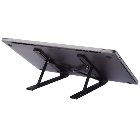 Universal, compact and foldable laptop stand made of aluminium alloy. The stand can be adjusted to 7 different angles for optimal ergonomic posture. Folding the stand in and out is very easy and can be done in seconds. The bottom has rubber strips to prevent it from moving. Comes with a pouch for easy carrying. Delivered in a premium kraft paper box with a colourful sticker.