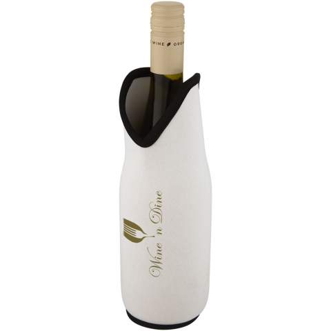 Recycled neoprene wine sleeve holder with fine stitching and extra insulation to keep the wine cool for a longer time, while also making the bottle comfortable to hold. It stretches and expands to fit all kinds of bottle sizes to hold the bottle tight in place. It also protects your wine bottle from breakage during transport.