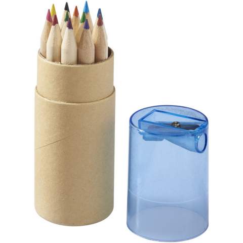 12 coloured pencils in cardboard cilinder box with sharpener in plastic lid. Decoration not available on components.