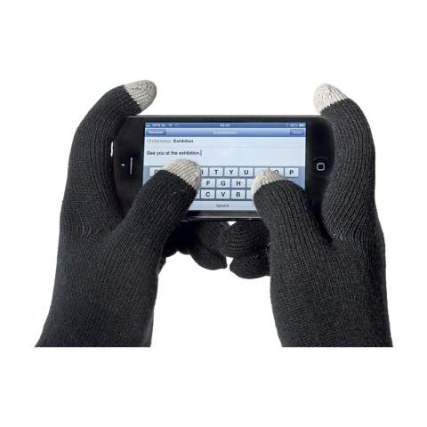 Knitted, touch screen gloves with conductive material in a few fingertips. Universal size.