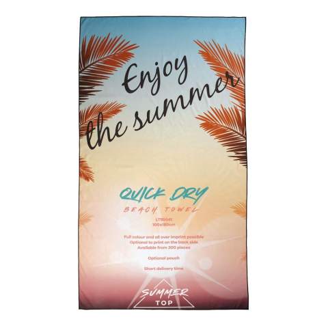 Tous à la plage! Très grande serviette de plage en microfibre à séchage rapide (200 g / m2). Prix incluant une impression full couleurs sur une face. Possibilité d'imprimer également le verso en full couleurs. La couleur de la couture peut également être changée.