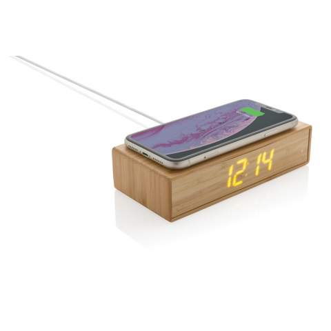 5W wireless charger alarm clock with complete bamboo exterior and 24 hour time indicator. With USB port on the backside to charge via cable. Including 150 cm PVC free TPE micro usb cable. Compatible with all QI enabled devices like Android latest generation, iPhone 8 and up Input: 5V/1.5A; Wireless Output: 5V/1A - 5W; 1 USB output port, 5V/1A.<br /><br />WirelessCharging: true