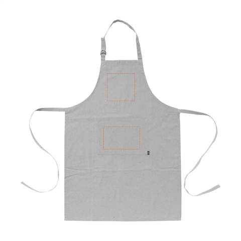 WoW! Apron made from 80% recycled, blended cotton and 20% recycled polyester (160 g/m²). With a patch pocket. The neckband can be adjusted with a metal clasp. One size fits all. GRS-certified. Total recycled material: 100%. If you choose this product, you choose recycled cotton. As a result, the colour may vary per product.