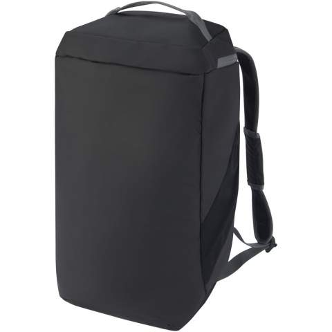 Water-resistant 2-in-1 duffel backpack made from GRS certified recycled materials, including the zips. It features a spacious main compartment with U-shaped opening for easy storage and access, two side zipped pockets (including a compartment for shoes), one zipped front pocket, a mesh water pocket on the back, and reflective piping for visibility. This bag can be carried in 3 different ways: By hand, over the shoulder, or as a backpack with its padded and adjustable shoulder straps. The GRS recycled materials include the main fabric, lining, webbing, and zips. Capacity: 35 litres. PVC free.