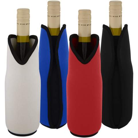 Recycled neoprene wine sleeve holder with fine stitching and extra insulation to keep the wine cool for a longer time, while also making the bottle comfortable to hold. It stretches and expands to fit all kinds of bottle sizes to hold the bottle tight in place. It also protects your wine bottle from breakage during transport.