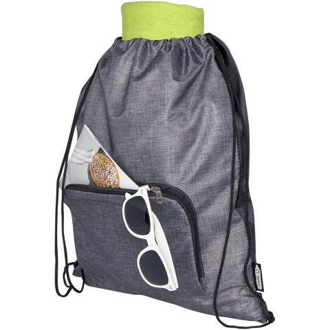 The Ash foldable recycled drawstring bag features a main compartment with cinch closure, and a zippered front pocket that the bag can easily fold up into for easy transport and storage. 