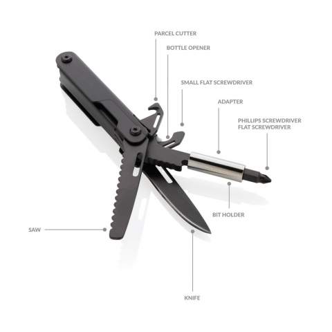 Minimal design but highly functional pocket tool. The body is made from from luxury black aluminum and the tools are made from premium grade 420 stainless steel. The long lasting tool includes: Knife, bottle opener, Box cutter, screwdriver with double bit set ( S2 5, S2 PH2) , saw and slotted screwdriver. Packed in luxury gift box. Hardness level of tools 40-45 HRC. Hardness level of bit 60-62 HR.