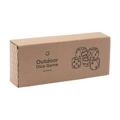 WoW! Make the right combinations with these five dice in an extra large size (5.5 x 5.5 cm). This game encourages playing outside together. The dice are made from FSC Mix certified pine wood. Includes score pad, rules and cotton storage bag. Entertainment for young and old. Items supplied as a set in a brown cardboard box.