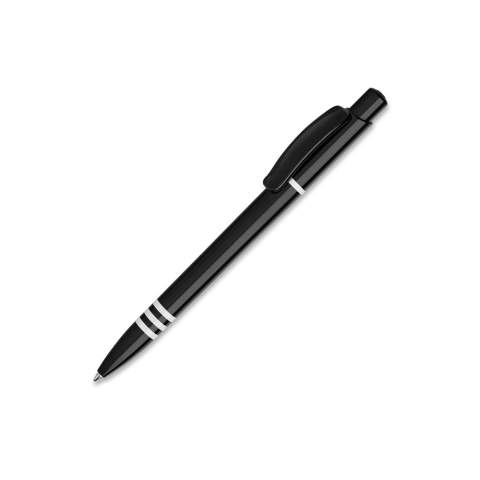 Le stylo bille Tropic possède une grande surface de marquage sur le clip et sur le corps. Corps, bouton poussoir et clip colorés.  Les trois anneaux sur corps sont de la même couleur que le clip. Sa cartouche Jumbo écrit jusqu’à 4.5km, écriture par défaut bleue. Le stylo est fabriqué en Europe en plastique ABS. À partir de 5.000 pièces, vous pouvez choisir vos propres couleurs. 