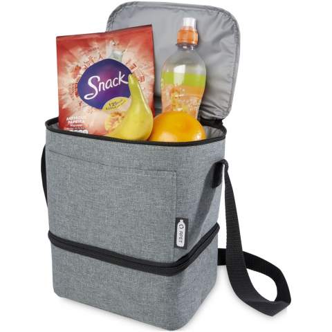 The Tundra recycled lunch cooler bag provides ample storage for all your lunch time goodies. Featuring a top insulated zippered compartment, and a bottom insulated zippered compartment. The bottom compartment is perfect for your bento box, and the front slash pocket is ideal for storing other small items. The cooler PEVA lining and exterior is made from GRS certified recycled PET plastic.
