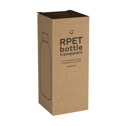 WoW! Drinking bottle made from 100% RPET. With bamboo screw cap. Leak proof. Not dishwasher-safe. Capacity 500 ml. Made in Europe. Optional: Each item supplied in a kraft cardboard box and/or with a kraft tag.