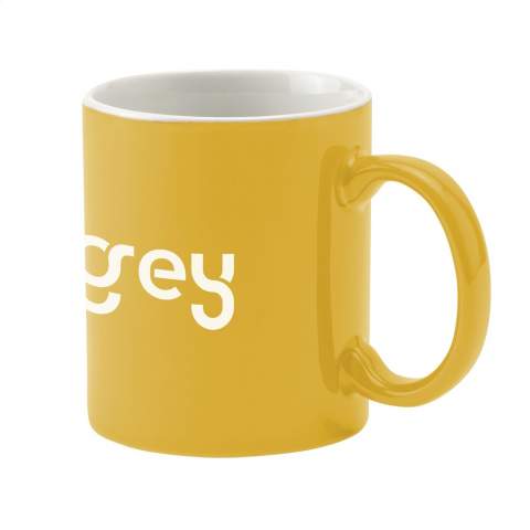 High quality ceramic mug. In all white or with a coloured exterior. Dishwasher safe. The imprint is dishwasher tested and certified: EN 12875-2. Capacity 350 ml.