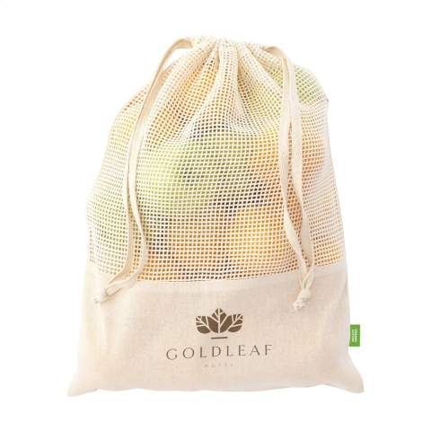 WoW! Sac pour fruits et légumes réutilisable, en coton 100% biologique (120 g/m²). Coton maillé sur le devant et coton non-maillé à l'arrière avec une fermeture à cordon. L'utilisation de ce sac permet de réduire le nombre de sacs plastiques à usage unique en circulation. Certifié GOTS. Capacité env. 1,5 litres.