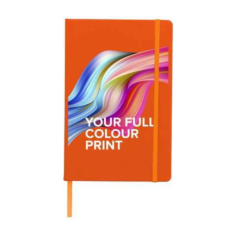 Notebook in A5 format with approx. 96 sheets/192 pages pages of cream coloured, lined FSC-certified paper (80 g/m²). With a perfect binding, hard cover, pocket, elastic fastener and silk ribbon.