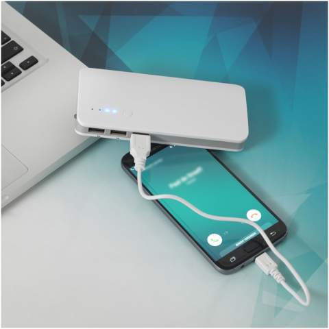 The Spare Power Bank packs a 10000 mAh Grade A lithium-ion battery and a flashlight that can be used in dark places or by night. It allows you to charge up to three devices simultaneously with a max output of 5V/2.1A (output 1: 5V/1A, output 2: 5V/1A and output 3: 5V/2.1A). The 4 blue LED indicators show the remaining battery capacity of the power bank. Includes a USB to Micro USB charging cable. Supplied in a white Avenue gift box.