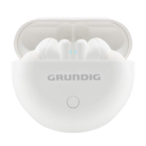 True wireless stereo earphones from the Grundig brand. This set includes a round, rechargeable storage case. These earphones use Bluetooth (5.0 version) for a smooth connection and feature an LED battery indicator. These earphones have a 45mAh battery and can be recharged within 2 hours in the 350mAh charging case. Maximum play time of 3 hours when fully charged. With excellent sound reproduction, adjustable volume, automatic pairing and touch control. Listen to music without movement restrictions and answer hands-free calls with the built-in microphone. Range up to 10 meters. Input 5V/0.5A (Type-C). Includes charging cable Type-C and a user manual. Each item is individually boxed.