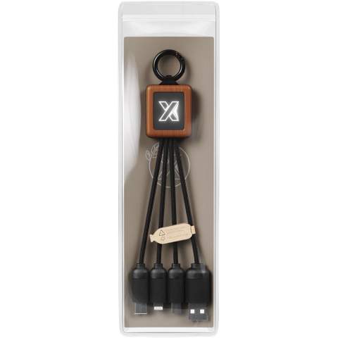 3-in-1 wooden cable with light-up logo and 3 connectors (Type-C/micro USB/iPhone), and cords made of Recycled PET plastic. The cable can charge up to 3 devices at the same time. Patent EUROPE EUIPO.