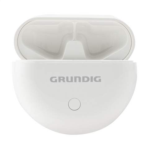 True wireless stereo earphones from the Grundig brand. This set includes a round, rechargeable storage case. These earphones use Bluetooth (5.0 version) for a smooth connection and feature an LED battery indicator. These earphones have a 45mAh battery and can be recharged within 2 hours in the 350mAh charging case. Maximum play time of 3 hours when fully charged. With excellent sound reproduction, adjustable volume, automatic pairing and touch control. Listen to music without movement restrictions and answer hands-free calls with the built-in microphone. Range up to 10 meters. Input 5V/0.5A (Type-C). Includes charging cable Type-C and a user manual. Each item is individually boxed.