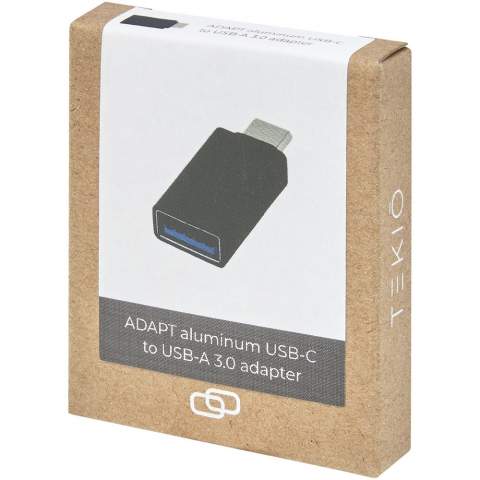 USB-C to USB-A 3.0 adapter made of aluminium. Compatible with USB 3.1 gen 1 up to 5 GB/s data transmission and downward compatible with lower versions. 10 times faster than USB 2.0 in handling data. Maximum 900mA downstream charging per port and max 3A downstream charging across all USB-A ports. Delivered in a premium kraft paper box with a colourful sticker.