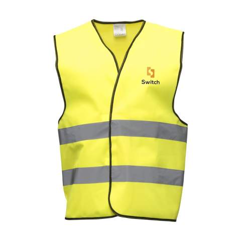 Fluorescent safety vest made of 100% tricot polyester. One size fits all, with adjustable velcro fastener. (EN ISO 20471 Class 2).