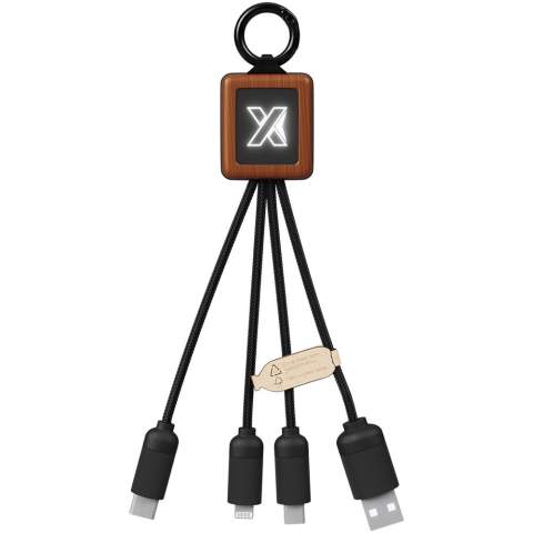 3-in-1 wooden cable with light-up logo and 3 connectors (Type-C/micro USB/iPhone), and cords made of Recycled PET plastic. The cable can charge up to 3 devices at the same time. Patent EUROPE EUIPO.