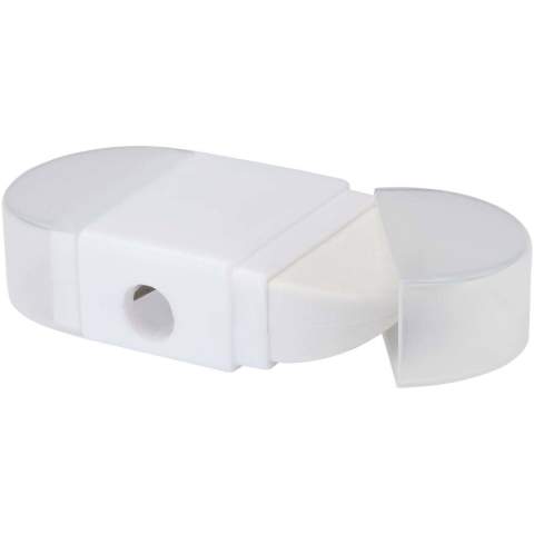 Bleistiftspitzer mit Radiergummi mit durchsichtigen Kappen auf beiden Seiten. Größe 6,2 x 3,3 x 1,6 cm.