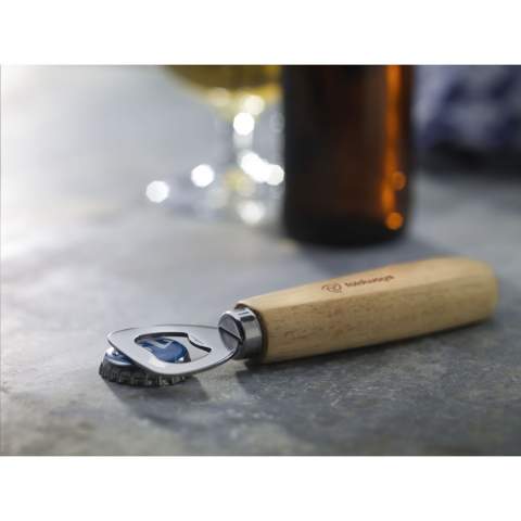Durable bottle opener with beech wood handle. Designed for ease of use.