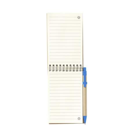 Notitieboekje van gerecycled materiaal, met ca. 70 vel/140 pagina's crèmekleurig, gelinieerd papier (70 g/m²) en kartonnen omslag met elastische sluiting. Gebonden in een sterke, metalen wire-o-binding. Incl. blauwschrijvende balpen.