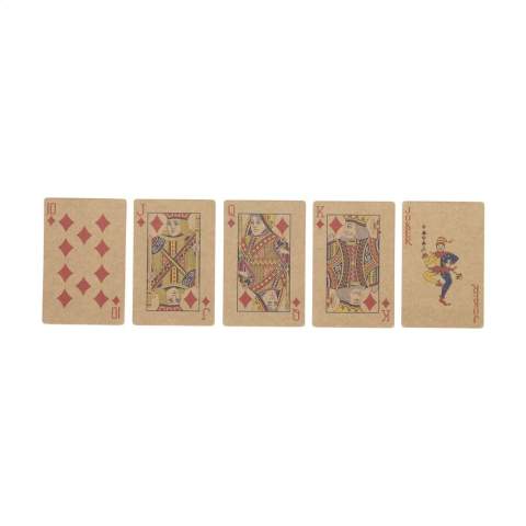 WoW! These playing cards are made from high-quality recycled kraft paper (250 g/m²). This game consists of 52 playing cards and 2 jokers. Stored in a recycled cardboard box, the back of these cards all have the same standard image.