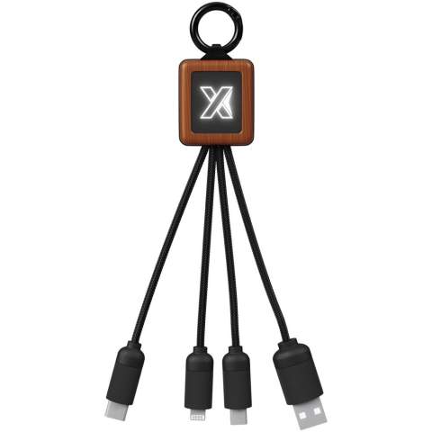3-in-1 wooden cable with light-up logo and 3 connectors (Type-C/micro USB/iPhone), and cords made of Recycled PET plastic. The cable can charge up to 3 devices at the same time. Patent EUROPE EUIPO.