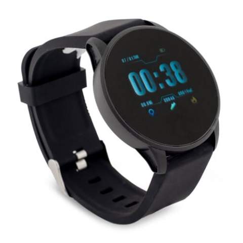 Smartwatch with silicone straps and plastic casing. Sturdy and ideal to wear during a workout. Functionality includes measuring blood pressure, oxygen levels and heart rate. It has a stopwatch, keeps track of distances walked, calories burnt. It has call and message notification functionality. Connects to your smartphone. IP67 water resistant. Comes packaged in a gift box.