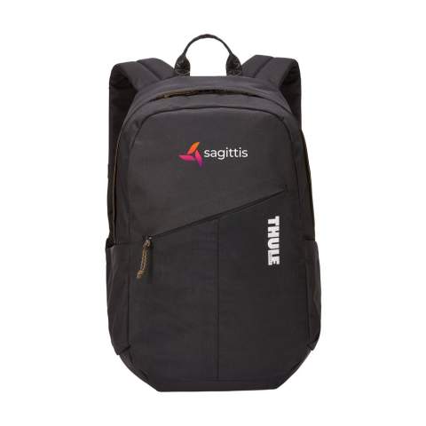 Professional laptop backpack with bluesign® quality mark from the Thule brand. The backpack is made from 100% recycled 600D polyester and is lined with 400D nylon. The spacious compartment has plenty of storage space and has a zip pocket and a padded protective compartment for a laptop up to 14 inches (16 inch MacBook® Pro). With two side pockets and a zip pocket on the front so you have quick access to personal items. Fully lined and equipped with YKK zippers and a carrying loop. The adjustable shoulder straps and back panel are equipped with foam and guarantee excellent wearing comfort. This backpack is made from bluesign® approved fabrics and accessories and produced in a resource-efficient manner. Capacity approx. 20 litres.