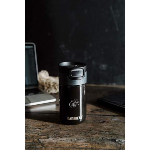 The ideal thermo bottle for when you’re on the go made by Kambukka® • excellent quality • beautiful design • handy and small size • vacuum insulated 18/8 stainless steel • BPA-free • keeps drinks hot for up to 5 hours and cold for up to 11 hours • 3-in-1 lid with 2 drinking positions: push to take a quick sip, or open it completely to drink just as comfortably as from a mug, without spilling • easy to clean thanks to Snapclean®: just pinch and pull to remove the inner, dishwasher-safe mechanism • universal lid: also fits on other Kambukka® drinking bottles • the lid is heat-resistant and dishwasher-safe • non-slip base • 100% leakproof • capacity 300 ml.  STOCK AVAILABILITY: Up to 1000 pcs accessible within 10 working days plus standard lead-time. Subject to availability.
