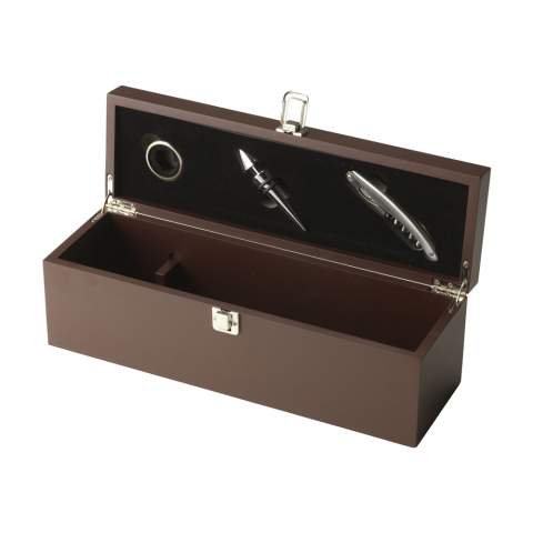 Elegant, wooden wine box with drip catcher, bottle stopper and stainless steel waiters friend. Excl. wine. Items supplied as a set in a brown cardboard box.
