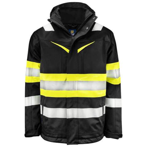 • wind- en waterdicht, rip-stop materiaal<br />• gewatteerde voering<br />• getapete naden<br />• 2-wegritssluiting aan de voorzijde die bedekt is met een flap. Deze stormflap kan afgesloten worden met drukknopen<br />• borstzak aan beide zijden met ritssluiting. Linker borstzak met lus voor badghouder<br />• zijzakken met ritssluiting<br />• 2 binnenzakken met ritssluiting. Linker binnenzak een extra open zak met velcro sluiting<br />• afneembare en aanpasbare capuchon met trekkoord<br />• aanpasbare manchetten met velcro<br />• windvangers in de mouwen met duimgrip<br />• aanpasbare taille met trekkoord                                                                                       <br />• drukkersritssluiting