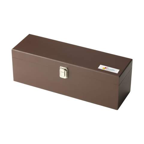 Elegant, wooden wine box with drip catcher, bottle stopper and stainless steel waiters friend. Excl. wine. Items supplied as a set in a brown cardboard box.