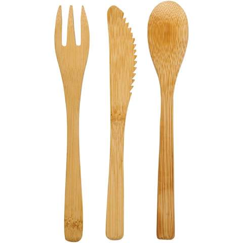 Cutlery set in bamboo comprised of a fork, knife, and spoon. Comes in a non-woven pouch.