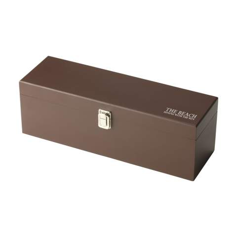 Elegant, wooden wine box with drip catcher, bottle stopper and stainless steel waiters friend. Excl. wine. Items supplied as a set in a brown cardboard box.