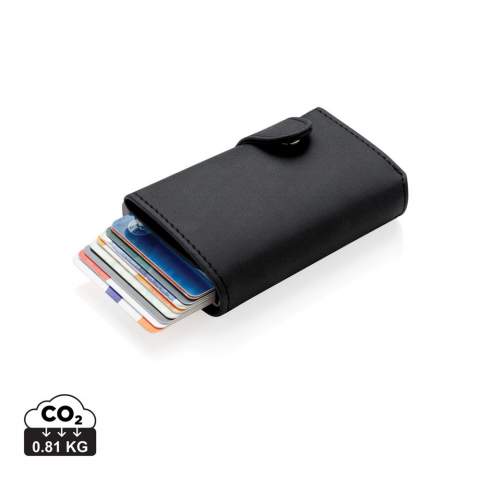 This solid aluminium cardholder with PU wallet protects your most important cards against electronic pickpocketing. No more broken or bent cards! It can hold up to 10 cards or 6 embossed cards. The easy side slider will push the cards up gradually.