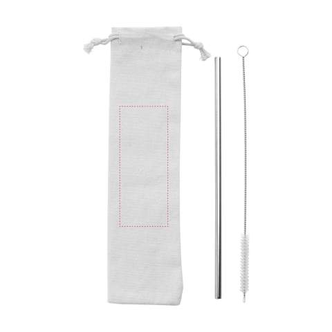 A reusable, stainless steel straw. A good alternative to plastic straws. Includes stainless steel nylon cleaning brush. Perfect for cold drinks such as smoothies or cocktails. It also adds a visually pleasing touch to any drink. Supplied per set with a canvas pouch.
