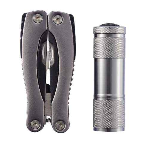 Set with 14 functions, stainless steel multitool with aluminium anodised handle and aluminium torch with 9 white LED’s.<br /><br />Lightsource: COB LED<br />LightsourceQty: 9