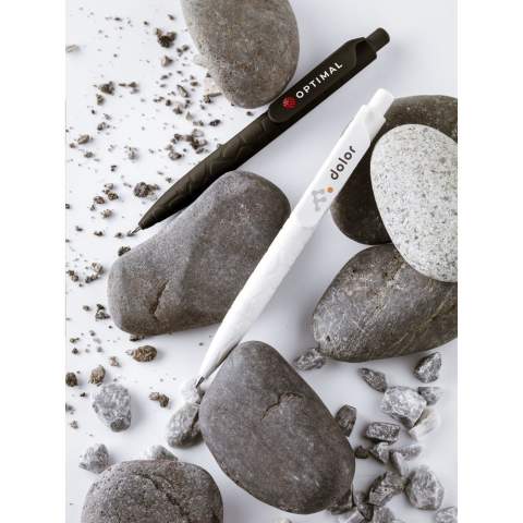 WoW! Blauschreibender Kugelschreiber mit Druckknopf. Hergestellt aus 55 % PP Kunststoff und 45 % Naturstein. Der Stift hat ein schönes Relief, welches Natursteinen ähnelt.