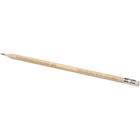 Bleistift mit Radiergummi. Der Bleistift ist aus Pappelholz und Graphit, der Radiergummi ist aus Kunststoff und die Hülse ist aus Aluminium gefertigt.