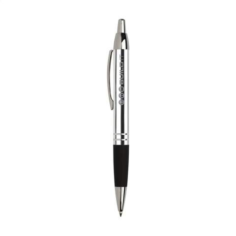 Blue ink metal ballpoint pen with glossy metallic look barrel, rubber grip, sturdy metal clip, push button and silver glossy accents.