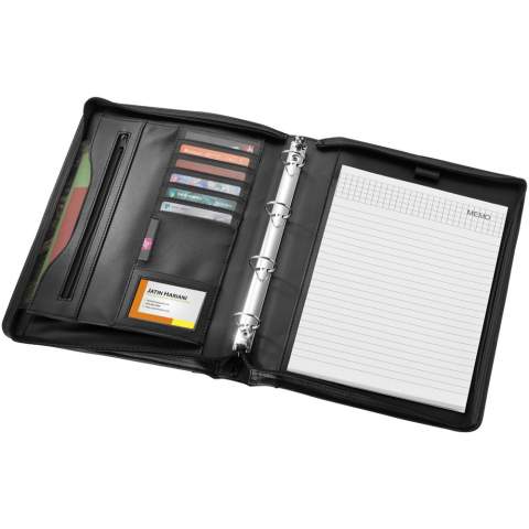 Portfolio with handle, zipper closure, ring binder, zipper pocket and document compartments. Includes 20 pages lined notepad. Pen and accessoires not included.