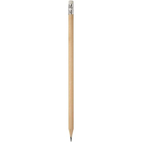Bleistift mit Radiergummi. Der Bleistift ist aus Pappelholz und Graphit, der Radiergummi ist aus Kunststoff und die Hülse ist aus Aluminium gefertigt.